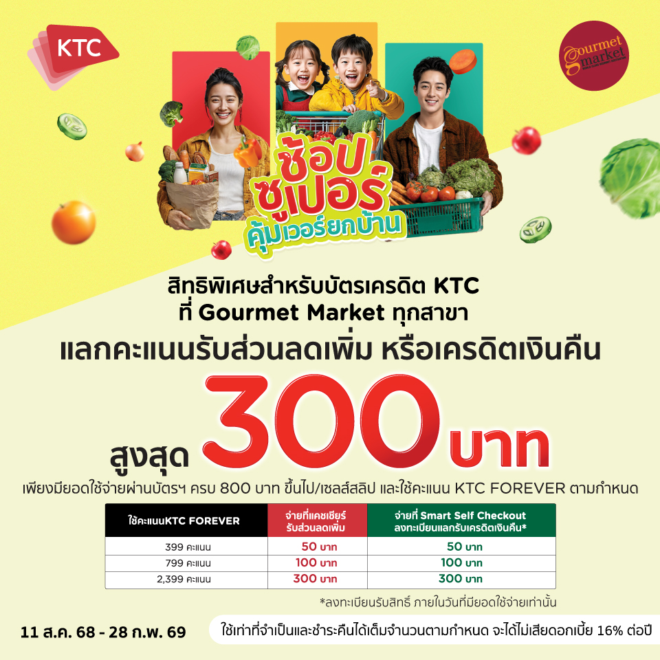 KTC แลกรับส่วนลดเพิ่มหรือเครดิตเงินคืนสูงสุด 300 บาท